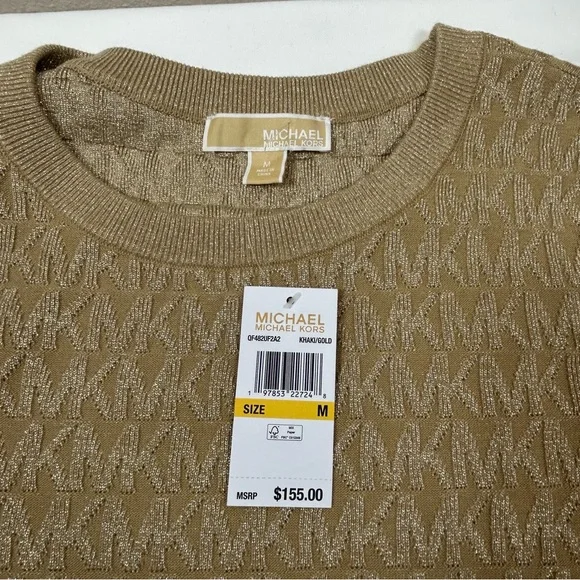 Michael Kors Cotton Blend Tan Gold Knit Stretchy All Over Logo Sweater Dress M Michael Kors Cotton Blend Tan Gold Knit Stretchy All Over Logo Sweater Dress M